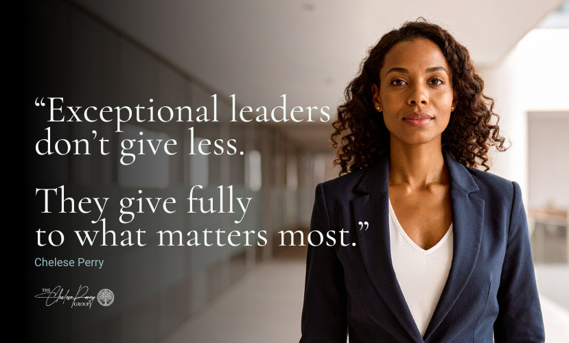 Text: Exceptional leaders don’t give less. They give fully to what matters most. Woman staring at camera with text to the left.